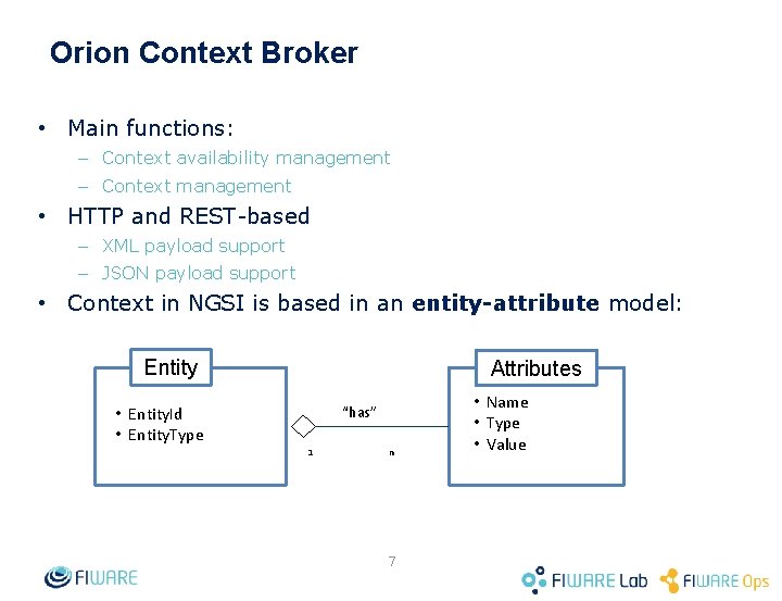 Orion Context Broker • Main functions: – Context availability management – Context management •