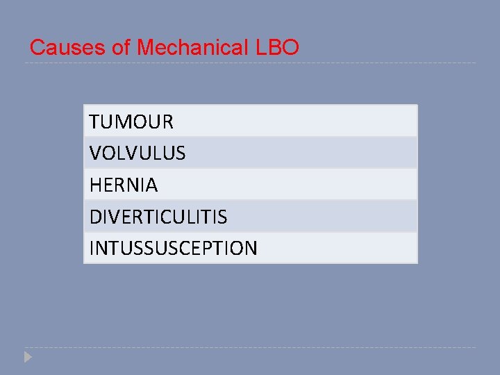 Causes of Mechanical LBO TUMOUR VOLVULUS HERNIA DIVERTICULITIS INTUSSUSCEPTION 