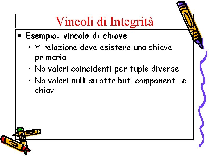 Vincoli di Integrità § Esempio: vincolo di chiave • relazione deve esistere una chiave