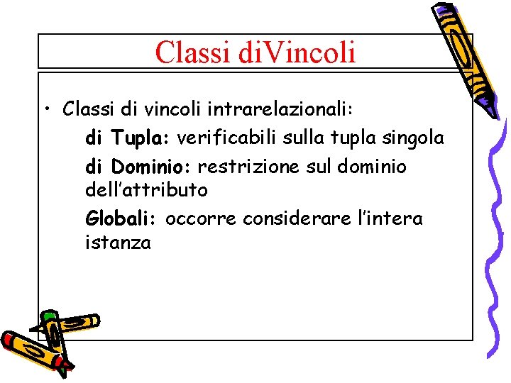 Classi di. Vincoli • Classi di vincoli intrarelazionali: di Tupla: verificabili sulla tupla singola