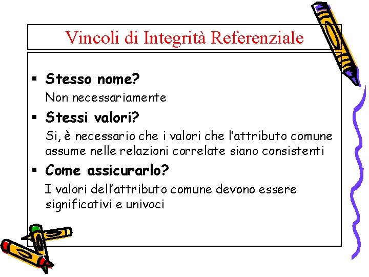 Vincoli di Integrità Referenziale § Stesso nome? Non necessariamente § Stessi valori? Si, è