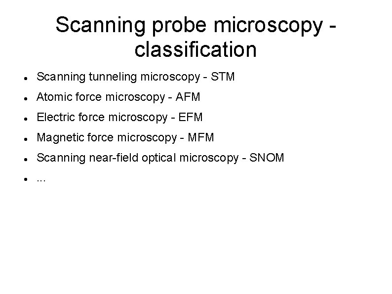 Scanning probe microscopy classification Scanning tunneling microscopy - STM Atomic force microscopy - AFM