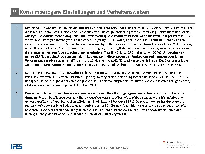 58 Konsumbezogene Einstellungen und Verhaltensweisen 1 Den Befragten wurden eine Reihe von konsumbezogenen Aussagen