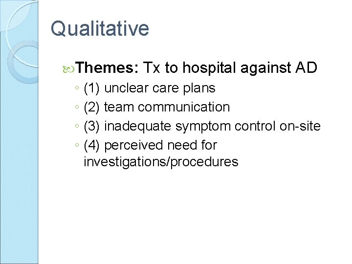 Qualitative Themes: Tx to hospital against AD ◦ (1) unclear care plans ◦ (2)