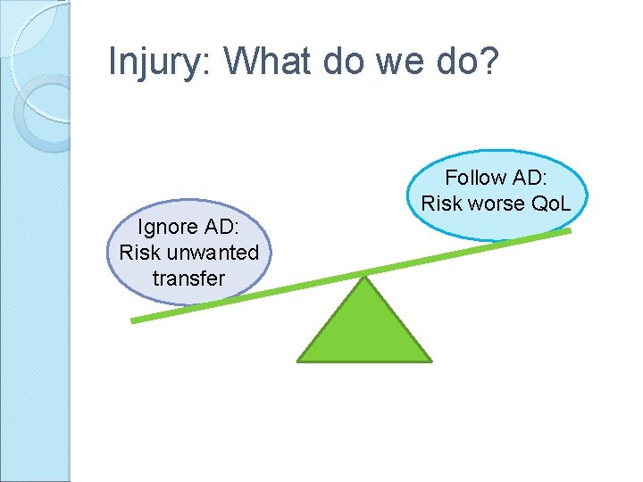 Injury: What do we do? Ignore AD: Risk unwanted transfer Follow AD: Risk worse