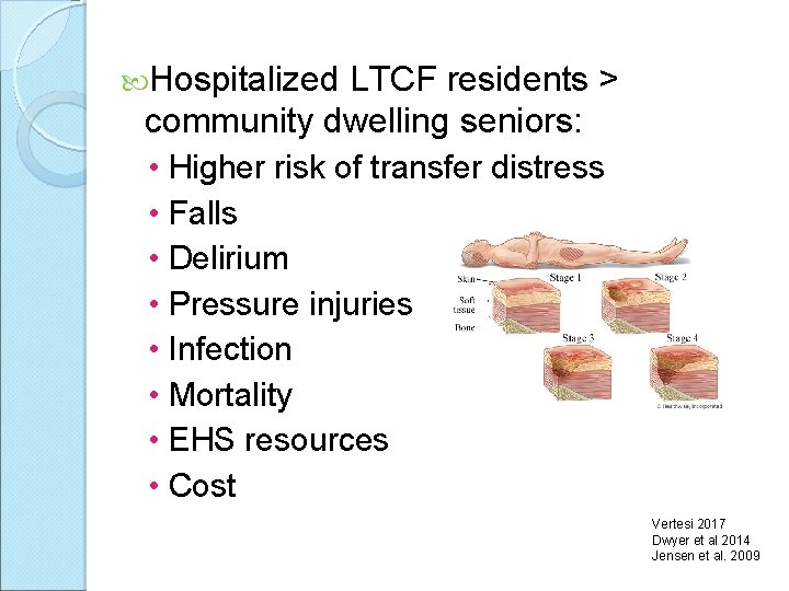  Hospitalized LTCF residents > community dwelling seniors: • Higher risk of transfer distress