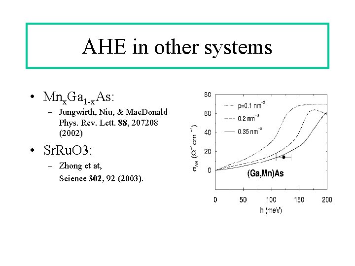 AHE in other systems • Mnx. Ga 1 -x. As: – Jungwirth, Niu, & AHE in other systems • Mnx. Ga 1 -x. As: – Jungwirth, Niu, &