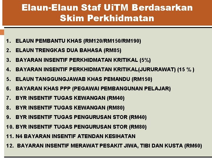 Elaun-Elaun Staf Ui. TM Berdasarkan Skim Perkhidmatan 1. ELAUN PEMBANTU KHAS (RM 120/RM 150/RM Elaun-Elaun Staf Ui. TM Berdasarkan Skim Perkhidmatan 1. ELAUN PEMBANTU KHAS (RM 120/RM 150/RM