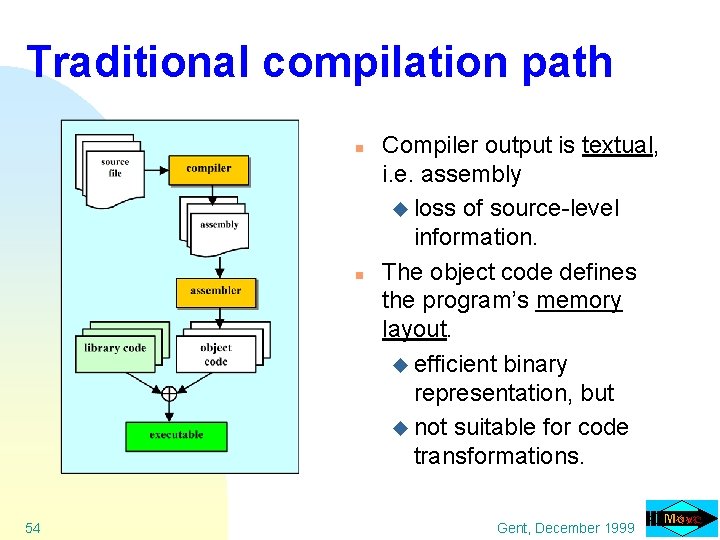 Traditional compilation path n n 54 Compiler output is textual, i. e. assembly u