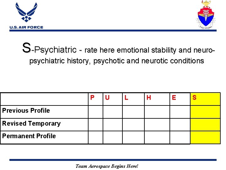 S-Psychiatric - rate here emotional stability and neuropsychiatric history, psychotic and neurotic conditions P