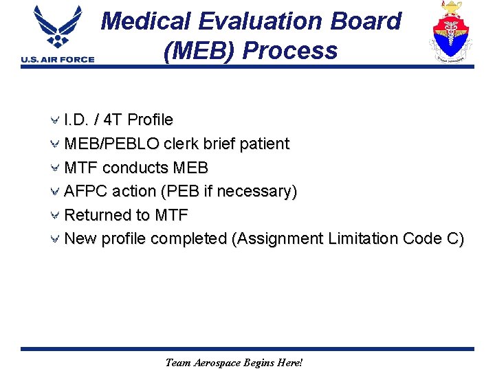 Medical Evaluation Board (MEB) Process I. D. / 4 T Profile MEB/PEBLO clerk brief