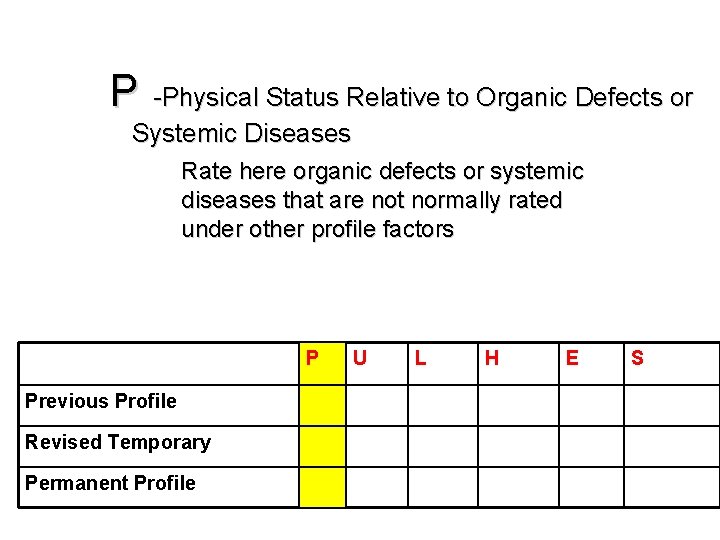 P -Physical Status Relative to Organic Defects or Systemic Diseases Rate here organic defects