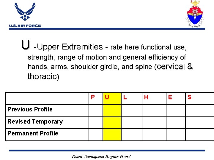 U -Upper Extremities - rate here functional use, strength, range of motion and general