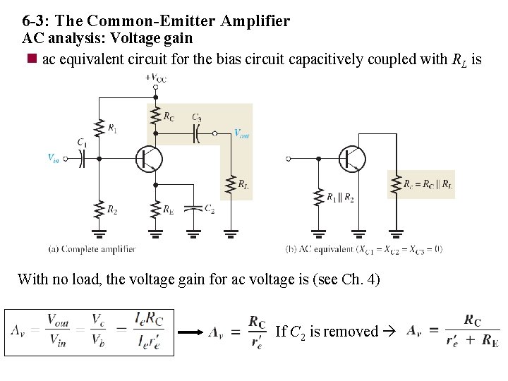 6 -3: The Common-Emitter Amplifier AC analysis: Voltage gain n ac equivalent circuit for