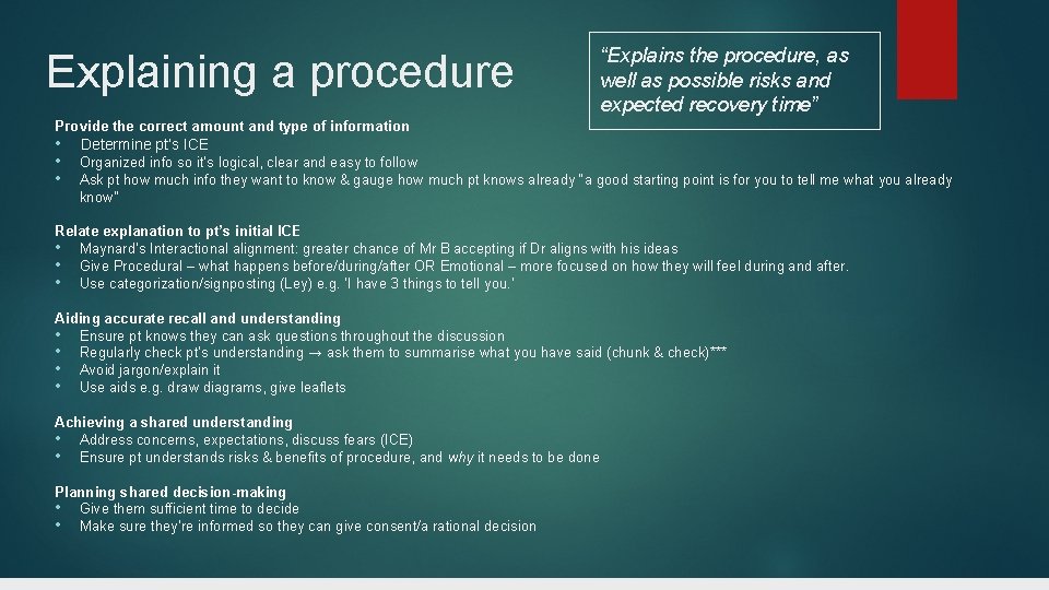 Explaining a procedure “Explains the procedure, as well as possible risks and expected recovery