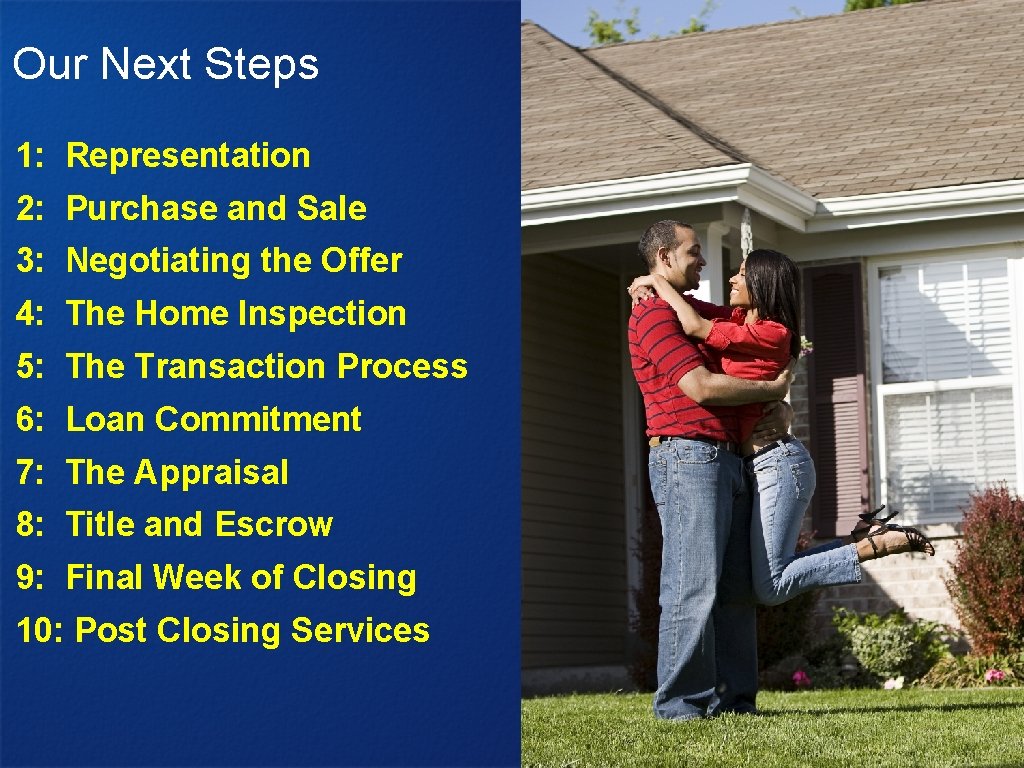 Our Next Steps 1: Representation 2: Purchase and Sale 3: Negotiating the Offer 4: