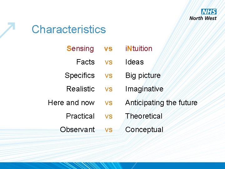 Characteristics Sensing vs i. Ntuition Facts vs Ideas Specifics vs Big picture Realistic vs