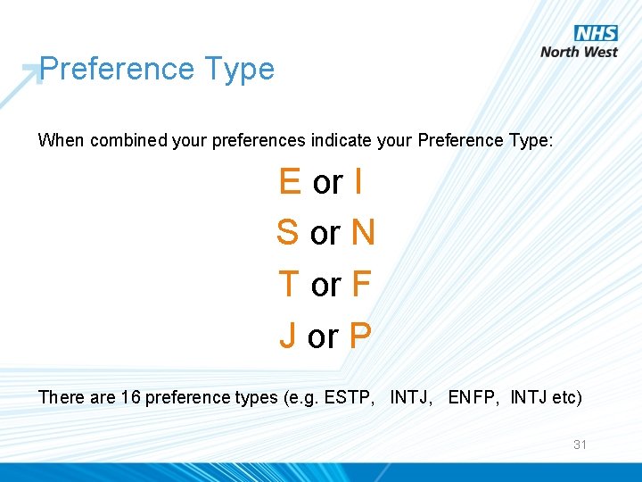 Preference Type When combined your preferences indicate your Preference Type: E or I S