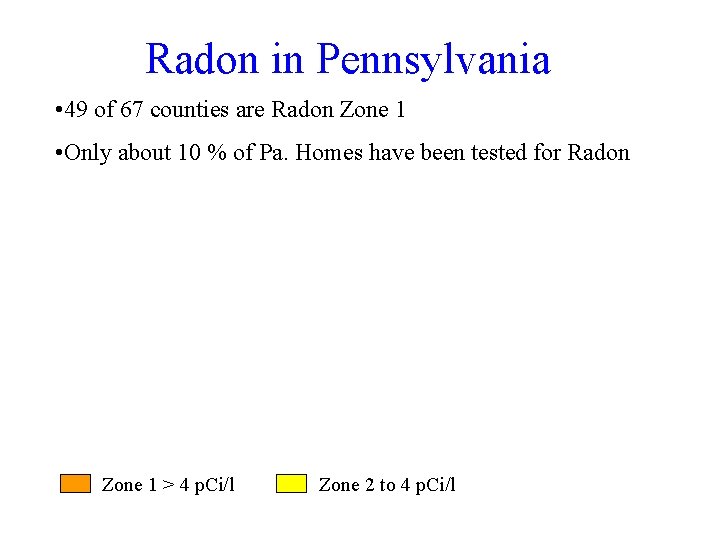 Radon in Pennsylvania • 49 of 67 counties are Radon Zone 1 • Only