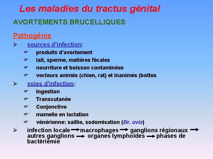 Les maladies du tractus génital AVORTEMENTS BRUCELLIQUES Pathogénie Ø sources d’infection: F F Ø