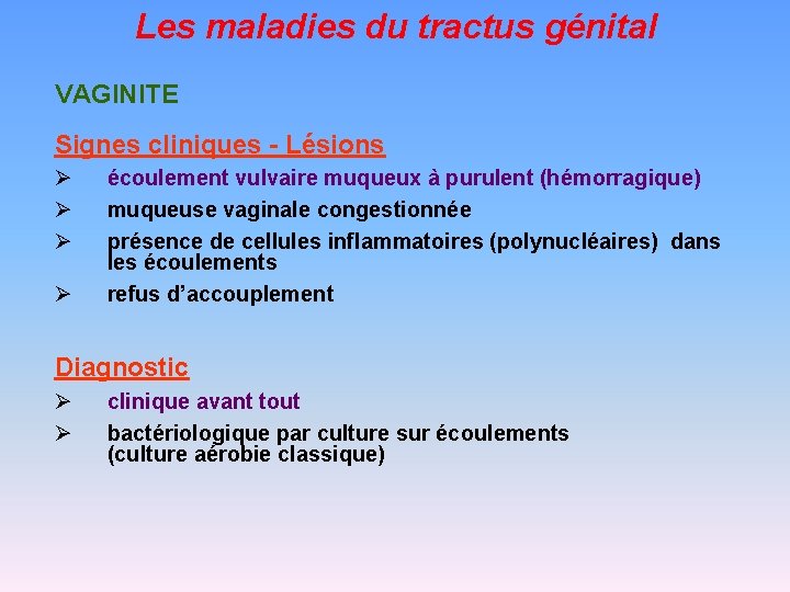 Les maladies du tractus génital VAGINITE Signes cliniques - Lésions Ø Ø écoulement vulvaire