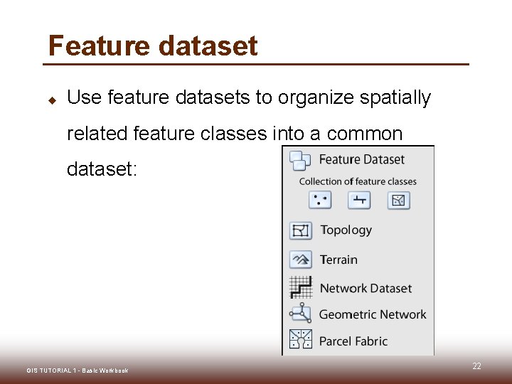 Feature dataset u Use feature datasets to organize spatially related feature classes into a