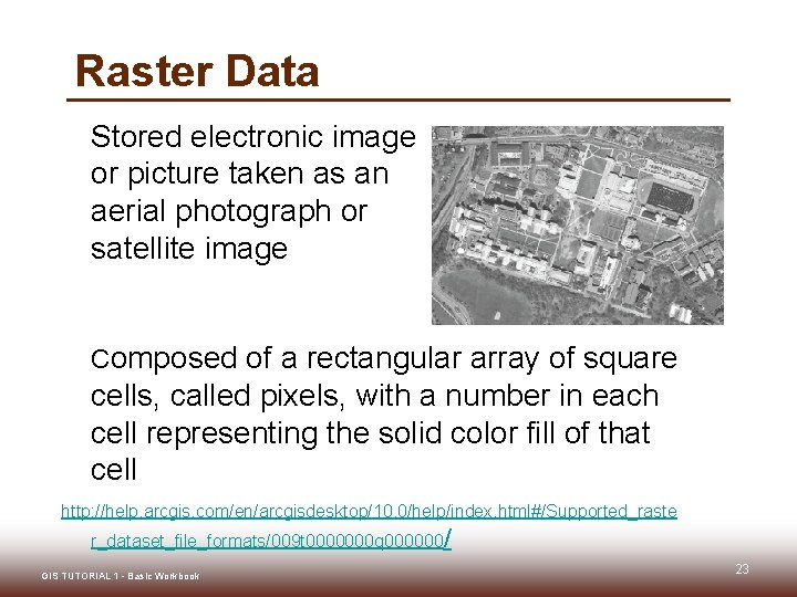 Raster Data Stored electronic image or picture taken as an aerial photograph or satellite