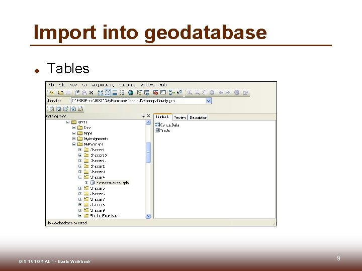Import into geodatabase u Tables GIS TUTORIAL 1 - Basic Workbook 9 