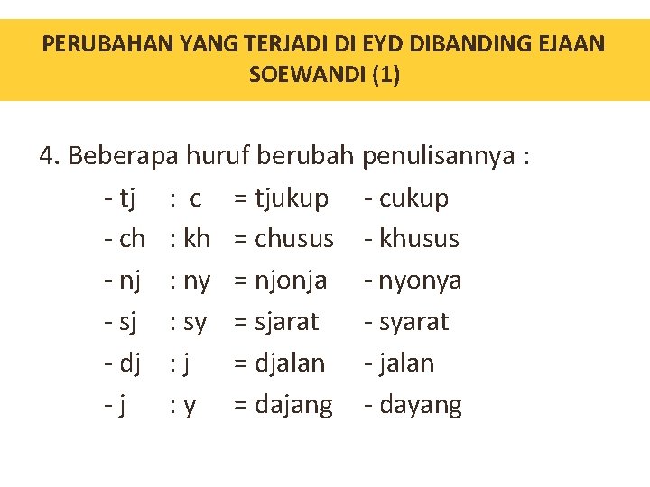 PERUBAHAN EYD DIBANDING EJAAN Perubahan. YANG yang TERJADI terjadi di. DI EYD dibanding Ejaan