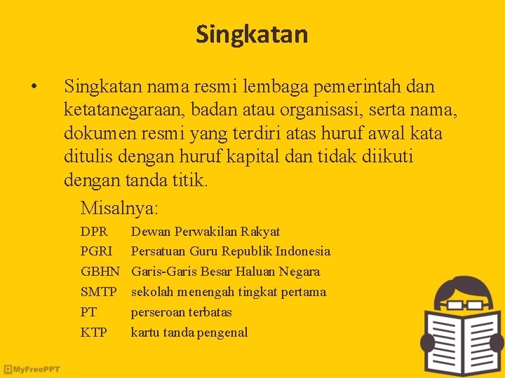 Singkatan • Singkatan nama resmi lembaga pemerintah dan ketatanegaraan, badan atau organisasi, serta nama,