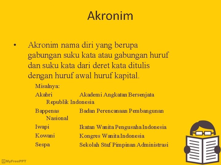 Akronim • Akronim nama diri yang berupa gabungan suku kata atau gabungan huruf dan