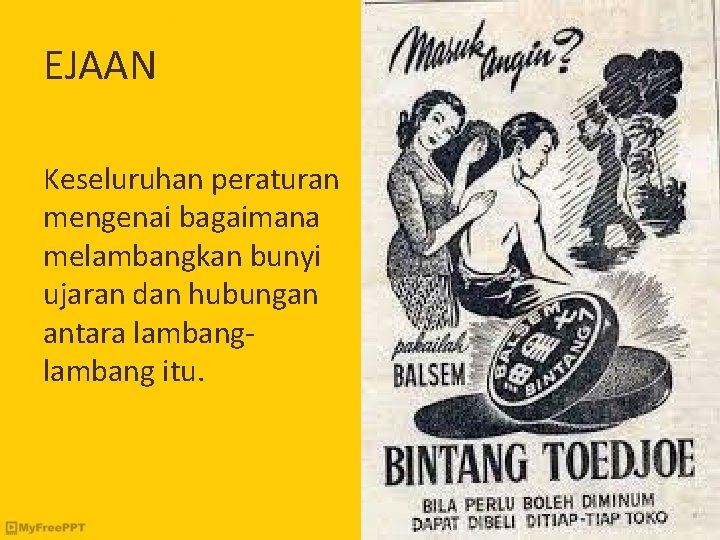 EJAAN Keseluruhan peraturan mengenai bagaimana melambangkan bunyi ujaran dan hubungan antara lambang itu. 