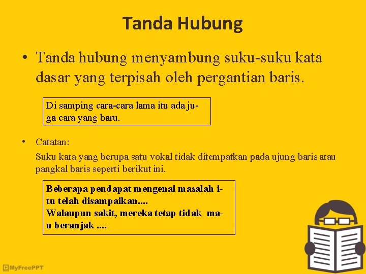 Tanda Hubung • Tanda hubung menyambung suku-suku kata dasar yang terpisah oleh pergantian baris.