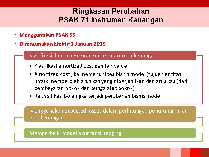 Ringkasan Perubahan PSAK 71 Instrumen Keuangan • Menggantikan PSAK 55 • Direncanakan Efektif 1