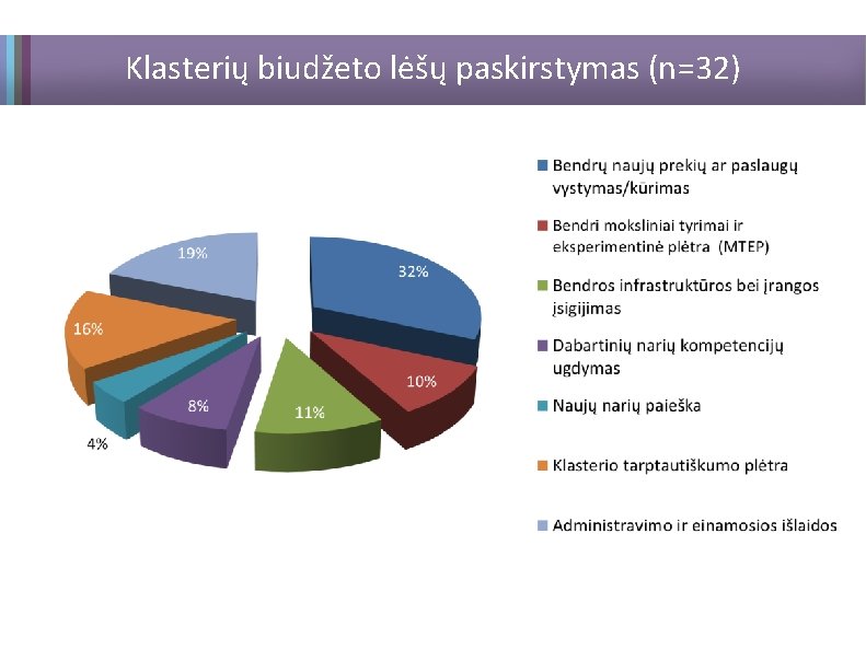 Klasterių biudžeto lėšų paskirstymas (n=32) 