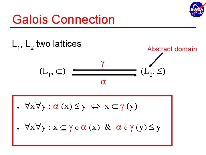 Galois Connection L 1, L 2 two lattices (L 1, ) Abstract domain g