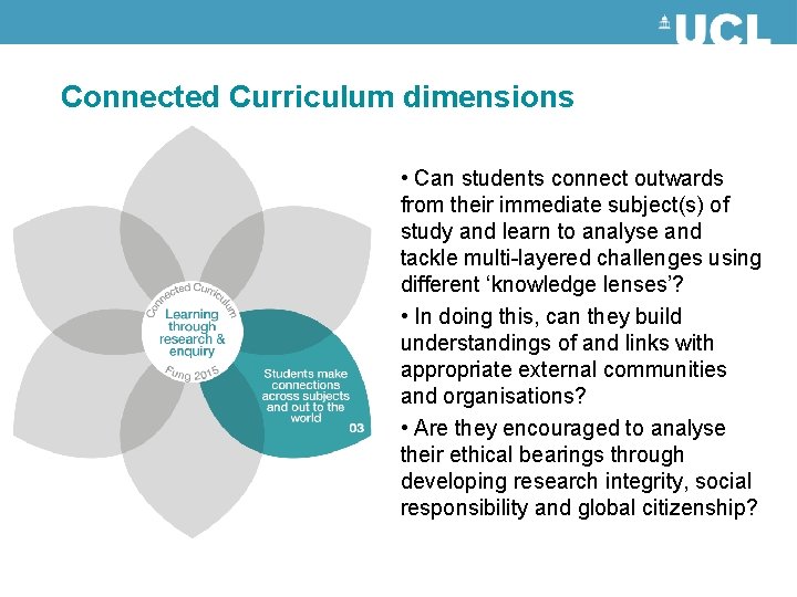 Connected Curriculum dimensions • Can students connect outwards from their immediate subject(s) of study