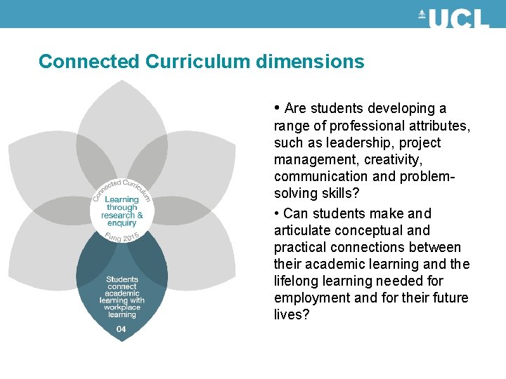 Connected Curriculum dimensions • Are students developing a range of professional attributes, such as