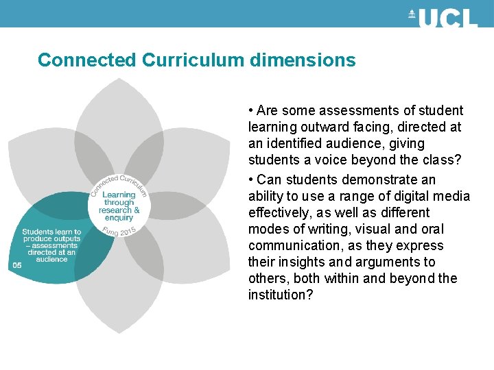 Connected Curriculum dimensions • Are some assessments of student learning outward facing, directed at