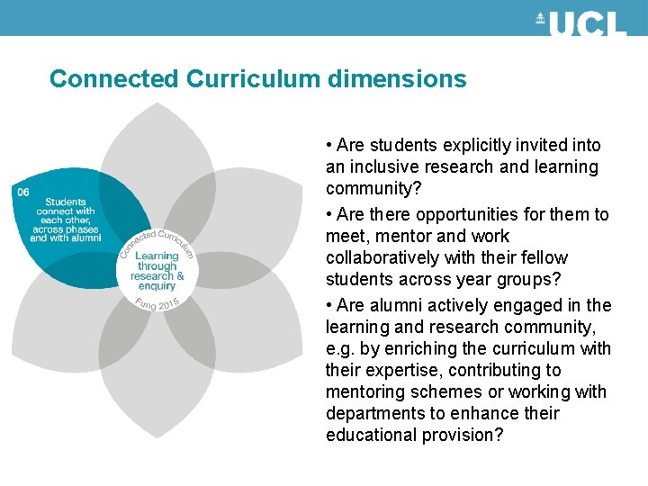 Connected Curriculum dimensions • Are students explicitly invited into an inclusive research and learning