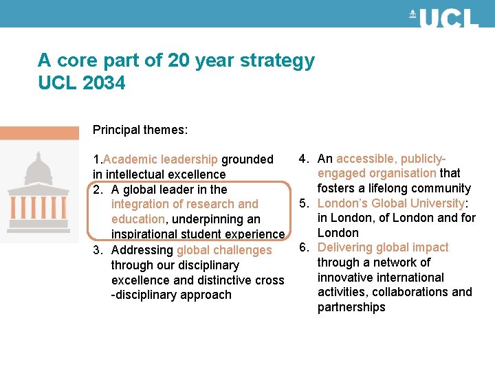 A core part of 20 year strategy UCL 2034 Principal themes: 1. Academic leadership