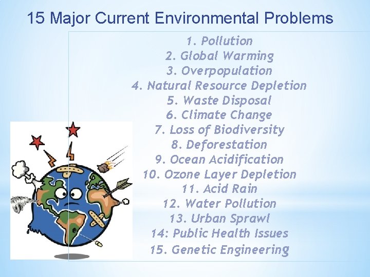 15 Major Current Environmental Problems 1. Pollution 2. Global Warming 3. Overpopulation 4. Natural
