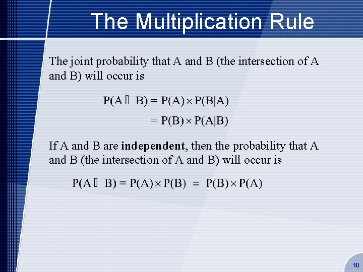 The Multiplication Rule The joint probability that A and B (the intersection of A
