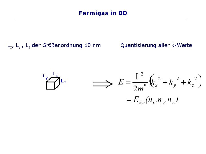 Fermigas in 0 D Lx, Ly , Lz der Größenordnung 10 nm Quantisierung aller