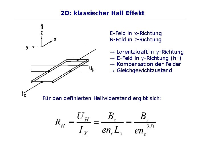 2 D: klassischer Hall Effekt E-Feld in x-Richtung B-Feld in z-Richtung Lorentzkraft in y-Richtung