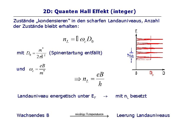 2 D: Quanten Hall Effekt (integer) Zustände „kondensieren“ in den scharfen Landauniveaus, Anzahl der
