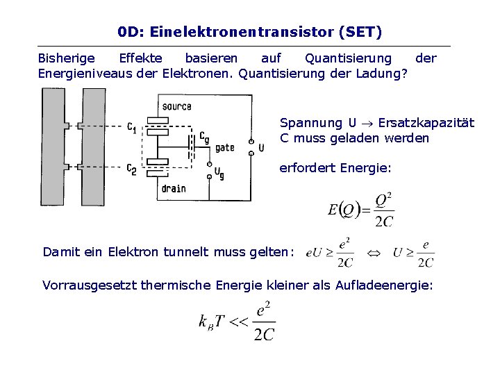 0 D: Einelektronentransistor (SET) Bisherige Effekte basieren auf Quantisierung der Energieniveaus der Elektronen. Quantisierung