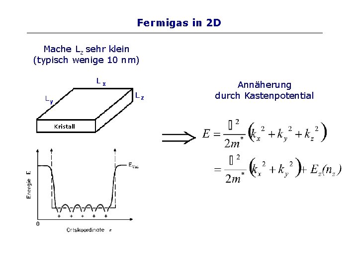 Fermigas in 2 D Mache Lz sehr klein (typisch wenige 10 nm) Annäherung durch