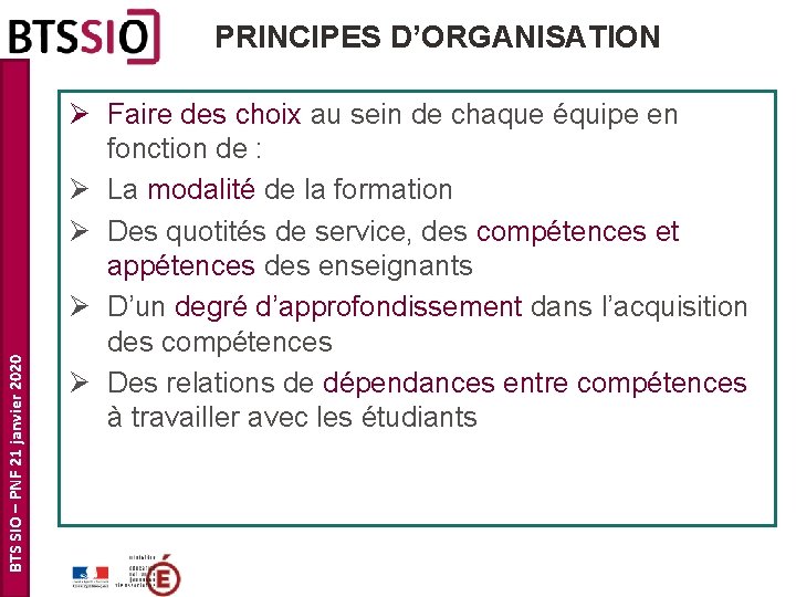 BTS SIO – PNF 21 janvier 2020 PRINCIPES D’ORGANISATION Ø Faire des choix au