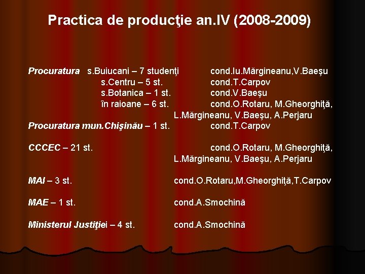 Practica de producţie an. IV (2008 -2009) Procuratura s. Buiucani – 7 studenţi cond. Practica de producţie an. IV (2008 -2009) Procuratura s. Buiucani – 7 studenţi cond.